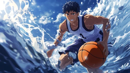 Intense anime baller drives through crashing ocean waves.