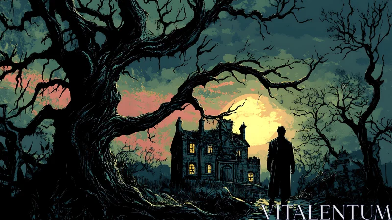Lone figure approaches eerie manor beneath swollen moon.