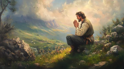 Solitary man kneels in sunlit mountain meadow, praying