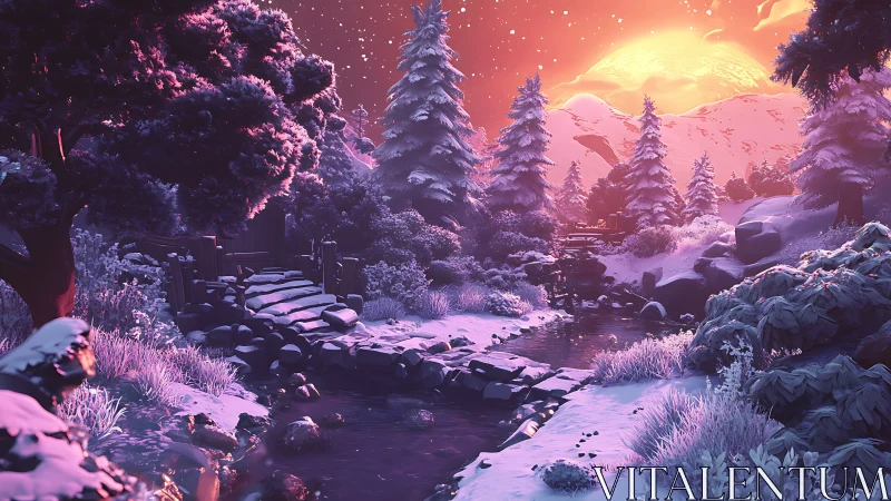 Neon Winter Landscape: Synthwave Sunset over Alpine Forest.
