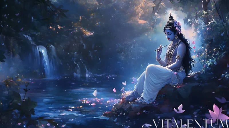 Moonlit flute bearer dreaming beside a whispering waterfall.
