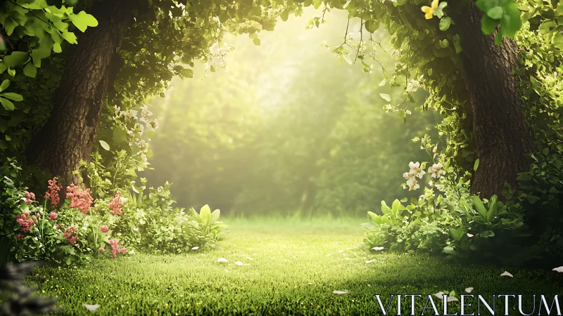 Garden pathway beneath mature trees with filtered light and flowering borders.