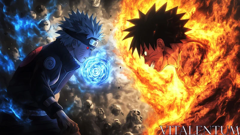 Intense anime duel with blue lightning versus orange fire.