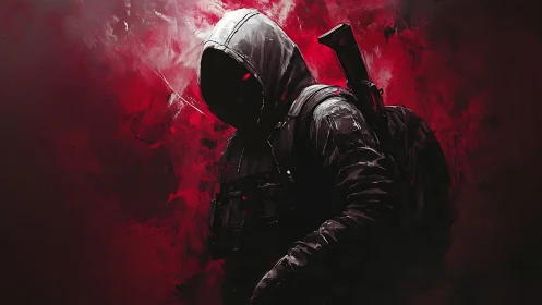 Hooded tactical figure with rifle silhouette amid abstract red field