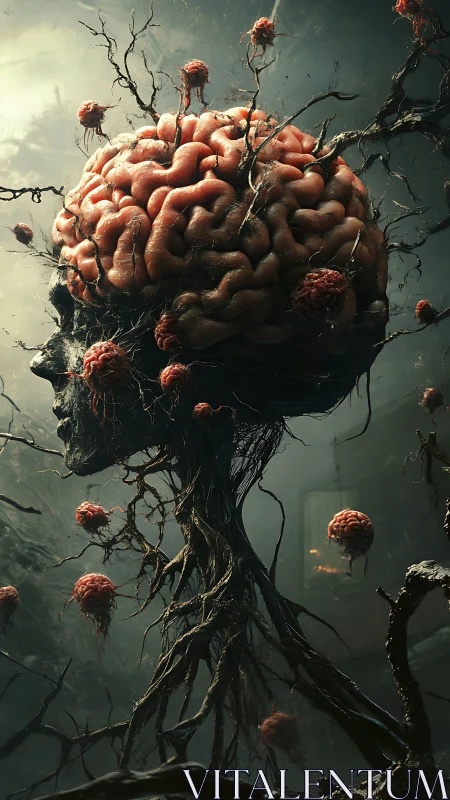Neural roots entwine a decaying head in eerie bloom.
