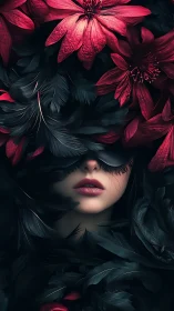Floral-feathered masked portrait with cinematic digital chiaroscuro.