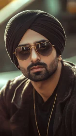 Cool confidence in sunlight with turban, beard, and shades.