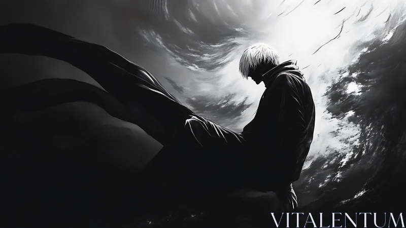 Stormlit silhouette drifts in a monochrome vortex of quiet power