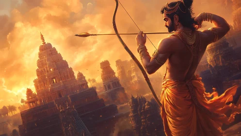 Sun-forged archer poised above blazing temple empire.