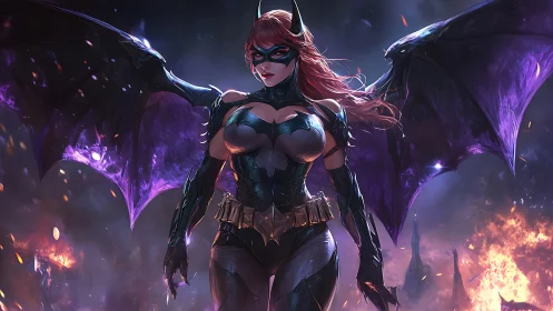 Dark winged heroine in armored batsuit over burning city