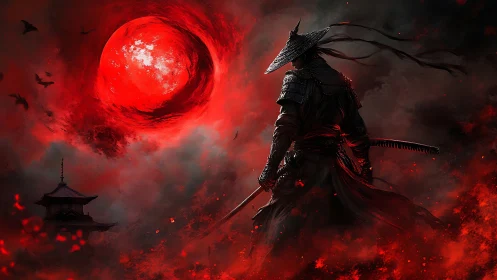 Lone samurai confronts blood-red eclipse above burning mist