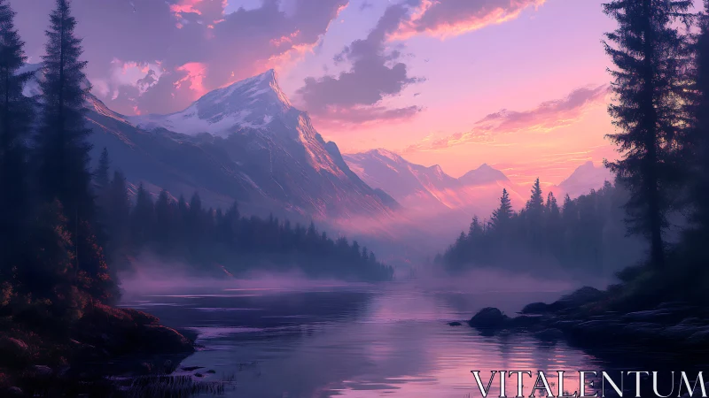 Mist-draped alpine peaks over tranquil violet lake at dusk.