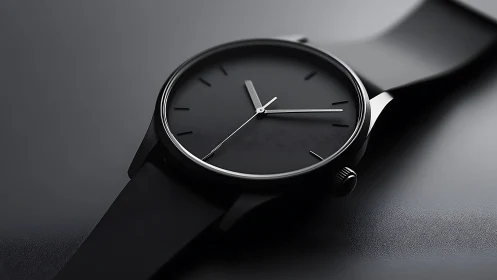 Monochrome analog wristwatch on smooth dark surface.