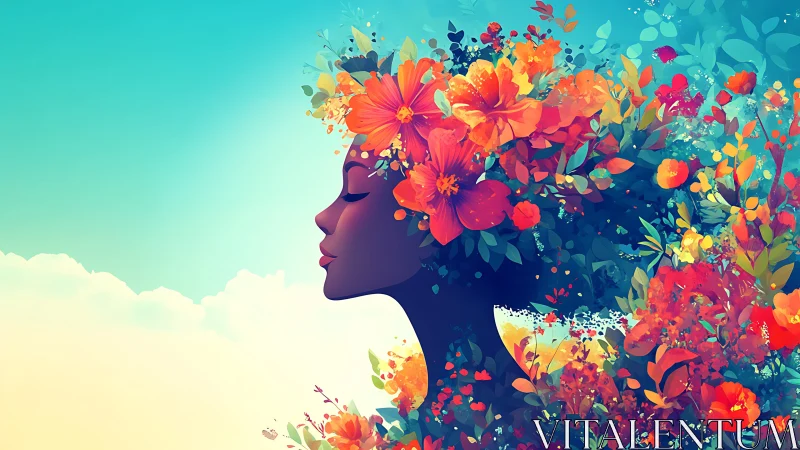 Floral silhouette profile merges portraiture with vivid chroma gradients