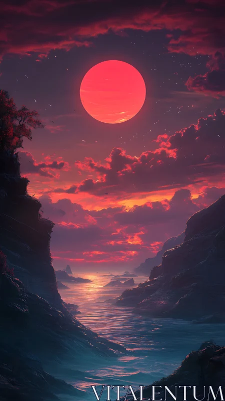 Radiant crimson supermoon over luminescent coastal ravine.