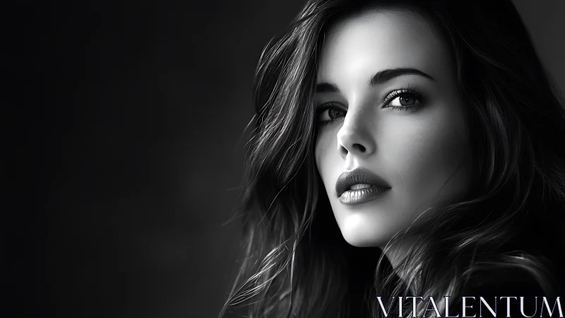 Monochrome close-up portrait of woman with wavy hair.