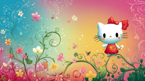Hello Kitty Character Positioned Centrally Against Gradient Floral Composition