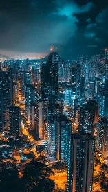 Neon-lit high-rise city skyline glows under brooding storm clouds
