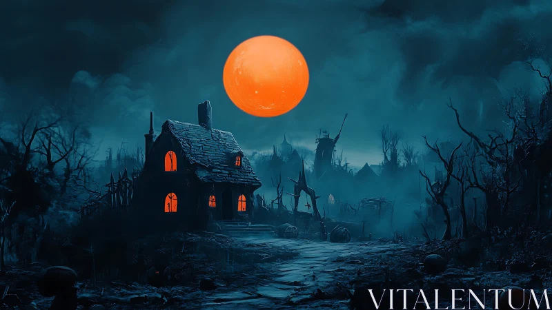 Digital painting of haunted cottage under oversized blood moon.