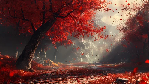 Crimson forest trail under glowing autumn canopy at dusk.