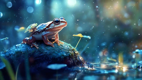 Bioluminescent forest frog rendered in luminous blue bokeh.