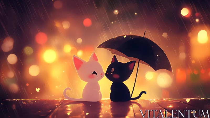 Two Cats Sharing an Umbrella in the Rain.