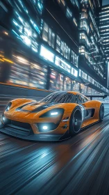 Orange supercar races through neon city streets at night