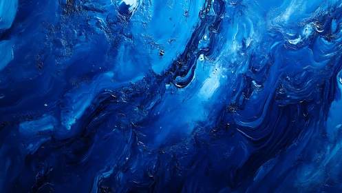 Vivid Abstract Blue Painting with Swirling Brushstroke Texture.