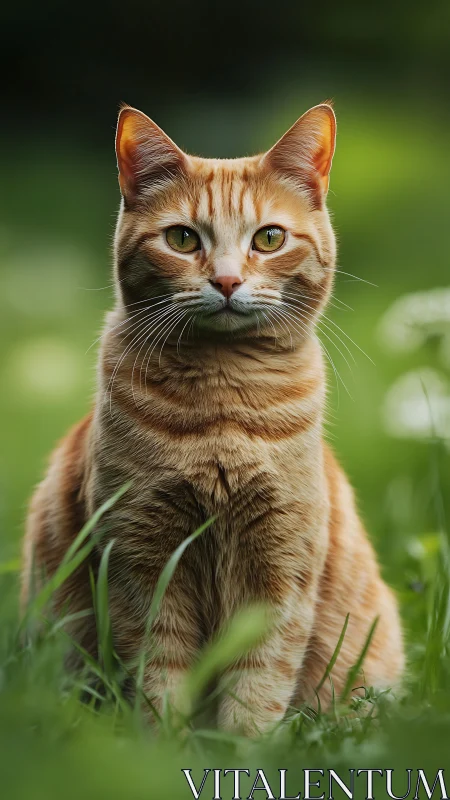 Orange Tabby Cat Stares Forward in Green Garden Setting.