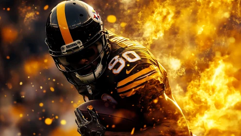 Football player in black and yellow uniform runs through flames