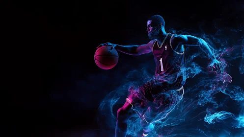Digital rendering shows basketball player dribbling in motion