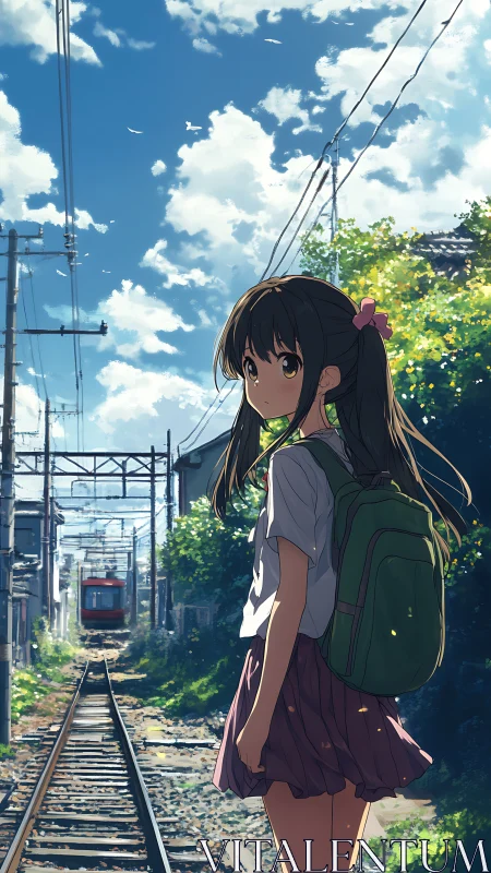 Girl stands on railway track beside houses under bright sky
