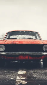 Front view of weathered red car on wet roadway surface.