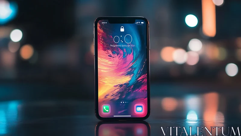 Modern smartphone with vibrant abstract wallpaper displayed