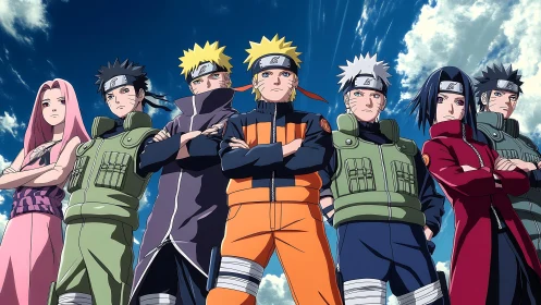 Anime team lineup under dynamic low-angle sky perspective.