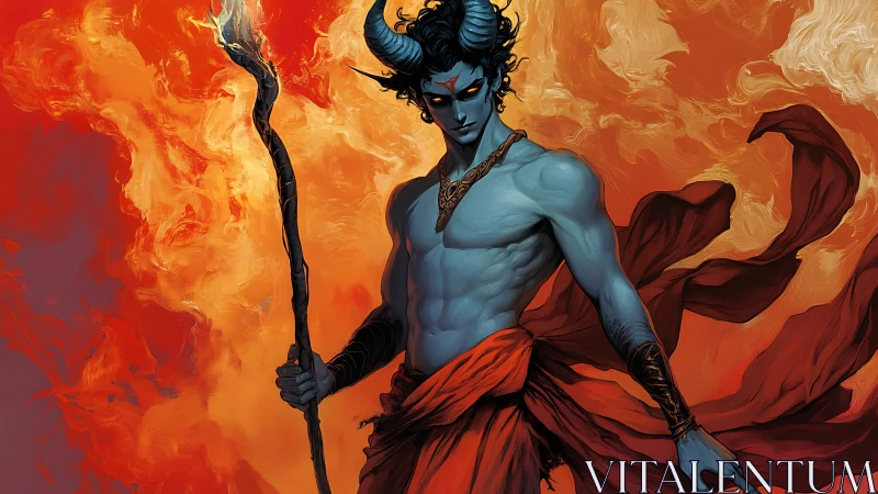 Horned blue demon warrior holding staff in swirling fire.