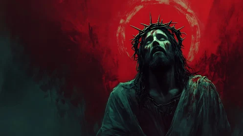 Solemn crowned figure bathed in deep red and shadowed light.