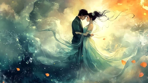 Ethereal Couple Embracing in Luminous Cloud Realm