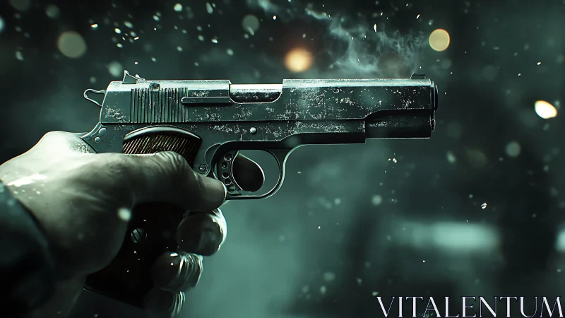 Smoke-dusted pistol frozen mid-recoil in wintry neon hush.