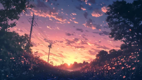 Glowing country road where sunset and wildflowers linger.