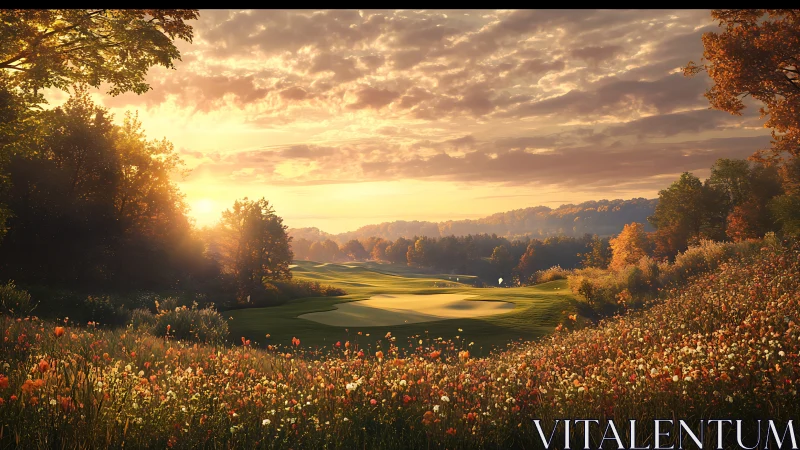 Sunlit fairway dream amid wildflower-splashed autumn hills.