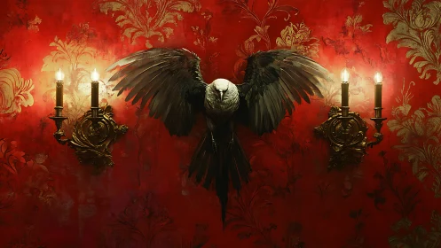 Digital painting of cruciform raven on baroque red wall.