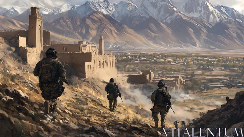 Soldiers crossing a sunlit valley toward an ancient fortress.