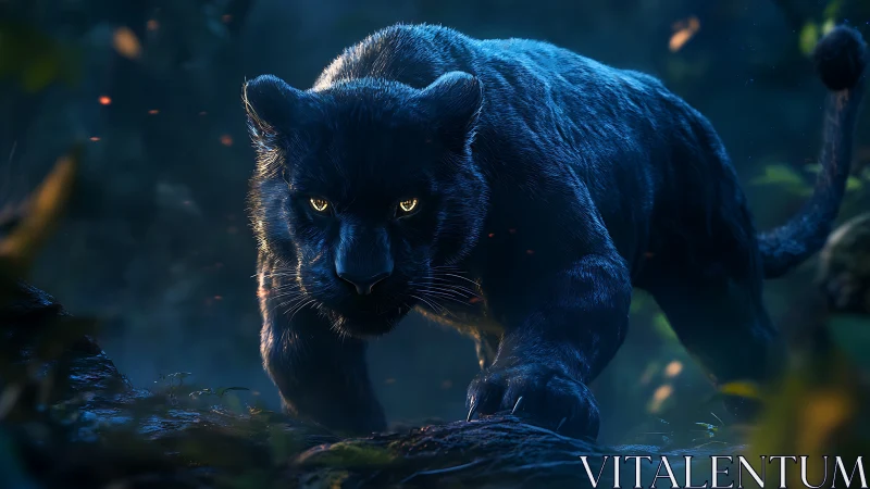 Black panther specimen illuminated by directional light in forest setting.