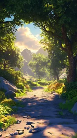 Mountain Valley Through Forest Tunnel of Light