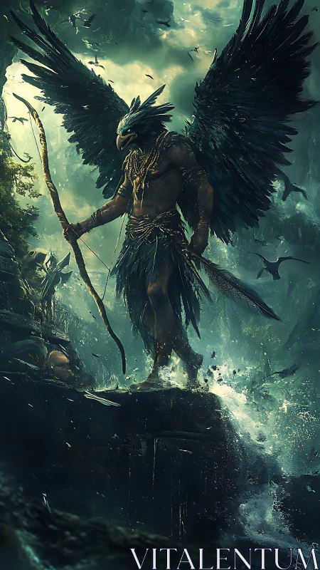 Mythic avian warrior in storm-forged jungle composition.
