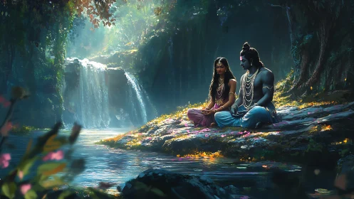 Whispered devotion beside a misty forest waterfall.