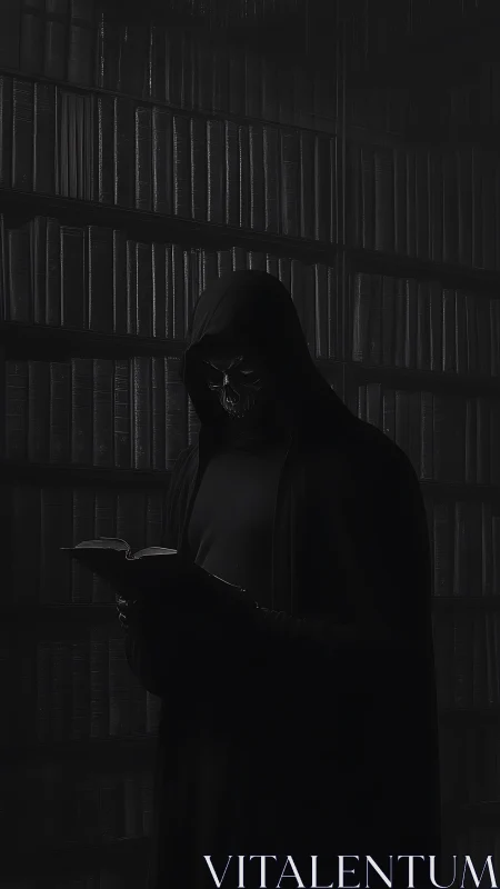 Hooded library guardian explores a mysterious dark tome.