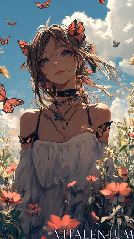 Young woman in field with orange butterflies under sky.