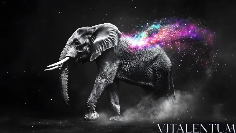 Elephant silhouette with colorful cosmic nebula trail.
